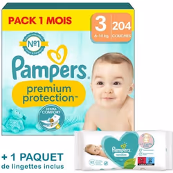 Couches Pampers Premium Protection Taille 3 - Pack 1 mois 204 Couches