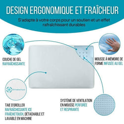 Oreiller - Inphysio - Climaconfort Ice - Mémoire De Forme - Gel Rafraîchissant - Ergonomique