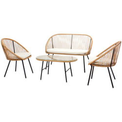 Salon de jardin 4 places esprit rotin naturel et coussins beiges Ravello