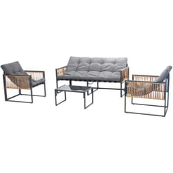 Concept-usine - turini - Salon de jardin 5 places noir effet rotin coussins gris