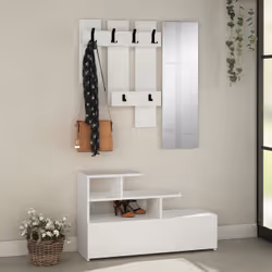 Meuble d'entrée blanc avec porte manteau, rangement et miroir MESTY, Concept Usine