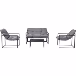 Salon de jardin 4 places contemporain noir et coussins gris Apportez une touche de modernité à votre extérieur avec ce salon ...