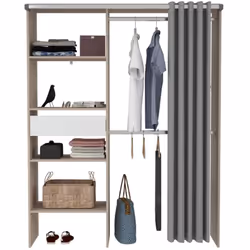 Dressing avec rideau, 4 étagères, 2 penderies et un tiroir bois et blanc Ce dressing de 182 x 143 x 48 cm, fabriqué en France ...