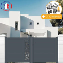 Packit - Portail aluminium battant découpe laser en kit + Motorisation dimensions L.4000 (entre piliers) x H.1500 mm lockyvia (à bras) Couleurs Gris
