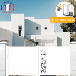 Portail aluminium coulissant découpe laser en kit + Motorisation dimensions L.3500 (entre piliers) x H.1500 mm Couleurs Blanc (ral 9010)