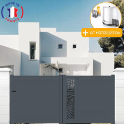 Portail aluminium coulissant découpe laser en kit + Motorisation dimensions L.3500 (entre piliers) X H.1500 mm Couleurs Gris (RAL 7016)