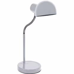 Cette lampe de bureau flexible en métal de couleur blanche possède un interrupteur sur son socle. Elle est fournie avec son a ...