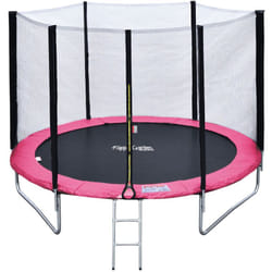 Happy Garden - Pack Premium Trampoline 245cm réversible rose / gris canberra + filet, échelle, bâche et kit d'ancrage
