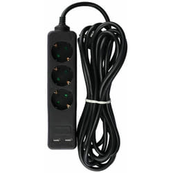 V-tac - Bloc multiprises avec càble 5m 3 prises 10A 2P + Schuko 2 usb et interrupteur d'éclairage Schuko plug Noir