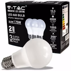 V-TAC Lampadine Ampoule LED E27 10.5W 100LM/W A60 4000K (Boîte 3 pièces)