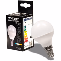 Lampe LED SMD V-TAC 4,5W E14 180° 470LM. Shape Mini globe P45 en matière thermoplastique (avec couvercle opaque) VT-1880N - S ...