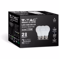 V-TAC Lampadine Ampoule LED E27 10,5W 100LM/W A60 3000K (Boîte 3 pièces)