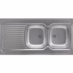 Inox lisse 18/10. 2 cuves soudées. Réversible. Egouttoir forme droit. Eviers de hauteur 30mm. Perçage pour bonde Ø60mm. Cadre ...