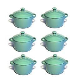 Lot de 6 mini cocottes bleues turquoises double poignée avec couvercle Hobby Cook