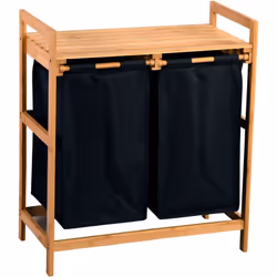Panier à linge moderne en bambou avec séparateurs noirs et étagère Construction écologique : La structure du panier à linge e ...