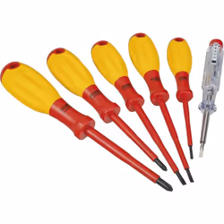 description · Testeur de tension, 220 - 250 V selon VDE 0680. · Coffret de 6 pièces. · Contenu : pour profil à fente 2,5 x 0, ...