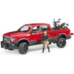 BRUDER Véhicule RAM 2500 power Wagon rouge avec moto Scrambler Ducati Desert Sled noire et personnage motard