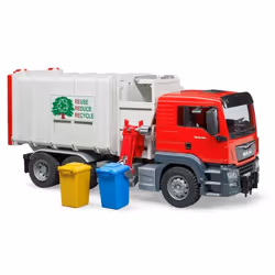 BRUDER Camion poubelle MAN TGS blanc et rouge, avec 2 poubelles avec chargement latéral, JOUET_AVERT_7
