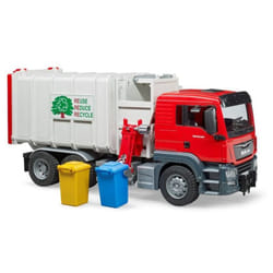 BRUDER Camion poubelle MAN TGS blanc et rouge, avec 2 poubelles avec chargement latéral
