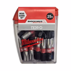 Milwaukee 4932430886 Embouts TX30 25mm - Boite de 25 Description : TX30 x 25 mm - 25pcs Longueur totale (mm) : 25 Type : TX 3 ...