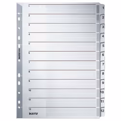 Leitz 43250000, Onglet avec index numérique, Carton, Gris, Portrait, A4, 160 g/m²