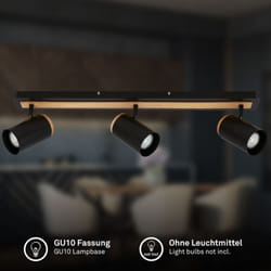 B.k.licht - Briloner duta Plafonnier, Orientable, Douille GU10, à 3 ampoules, Noir-Bois, 70 x 14,5 cm