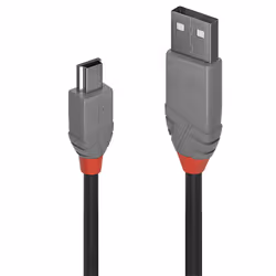 Lindy 36723, 2 m, USB A, Mini-USB B, USB 2.0, 480 Mbit/s, Noir, Gris