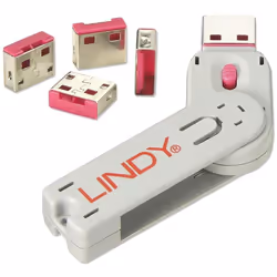 Lindy 40450, Bloqueur de port + clé, USB Type-A, Rose, Acrylonitrile-Butadiène-Styrène (ABS), 5 pièce(s), Sac en polyéthylène