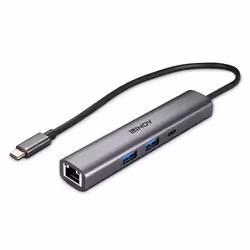 Lindy 43385, USB Type-C, RJ-45, USB 3.2 Gen 2 (3.1 Gen 2) Type-A, USB 3.2 Gen 2 (3.1 Gen 2) Type-C, 10000 Mbit/s, Gris, Alumi ...