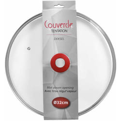 Couvercle en verre cerclée inox et poignée rouge Tentation 32 cm, couvercle adapté pour poêles 32 cm et poêles Tentation