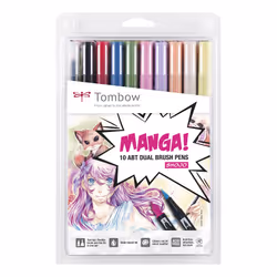 Tombow ABT-10C-MANGA2, Fin/moyen, 10 couleurs, Noir, Bleu, Vert, Gris, Orange, Rose, Jaune, Marqueur et feutres à pointe pinc ...