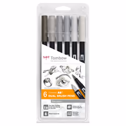Tombow ABT Dual Brush Pen Set, 6 couleurs, Gris, Marqueur et feutres à pointe pinceau, 0,8 mm, 1 cm, Encre à base d'eau
