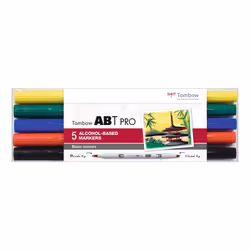 Tombow ABT Pro, 5 pièce(s), Noir, Bleu, Vert, Rouge, Jaune, Pointe de ciseau à bois/brosse, Rond, Encre à base d'alcool