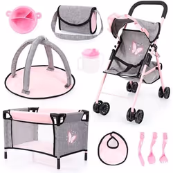 Poussette de poupée - BAYER DESIGN - 21533AB - Gris et Rose - Pour poupées jusquà 46 cm - Panier intégré