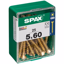 Boîte 25 unités Vis a bois spax cab. Plat yellox 5.0x60mm spax. Vis universelle, 5 x 60 mm, 25 pièces, filetage complet, tête ...