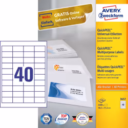 Avery 3657, Blanc, Rectangle, Permanent, 48.5 x 25.4 mm, A4, Papier