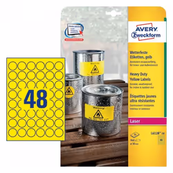 Avery L6128-20, Jaune, Cercle, Permanent, Blanc sur transparent, DIN A4, Polyester