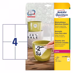 Avery L4719REV-20, Blanc, Imprimante d'étiquette adhésive, A4, Feuille, Polyester, Laser, Amovible