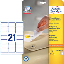 Avery Etiquettes enlevables, blanc, 63,5 x 38,1 mm, Adhésif enlevable