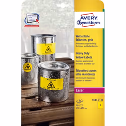 Avery Etiquette ultra-résistante, jaune, 210,0 x 297,0 mm, Jaune, Imprimante d'étiquette adhésive, A4, Polyester, Laser, Rect ...