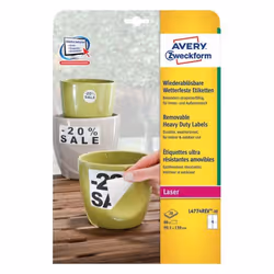 Avery L4774REV-20, Blanc, Rectangle aux angles arrondis, A4, Polyester, Mat, Laser/a jet d'encre