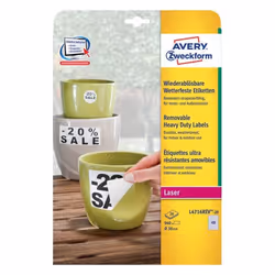 Avery L4716REV-20, Blanc, Cercle, Amovible, A4, Polyester, Mat