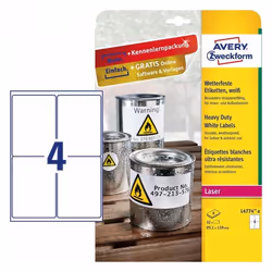 Avery L4774-8, Blanc, Imprimante d'étiquette adhésive, A4, Polyester, Laser, Permanent