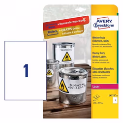 Avery L4775-8, Blanc, Imprimante d'étiquette adhésive, A4, Polyester, Laser, Permanent