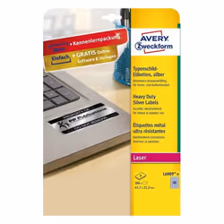 Avery L6009-8, Argent, Imprimante d'étiquette adhésive, A4, Polyester, Laser, Permanent