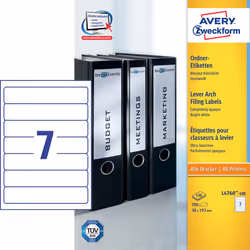 Avery Etiquette dos de classeur, blanc, 192,0 x 38,0 mm, Adhésif permanent, Blanc, Imprimante d'étiquette adhésive, A4, Papie ...