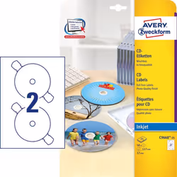 Avery C9660-25, Blanc, Rond, Permanent, Blanc sur transparent, DIN A4, CD/DVD
