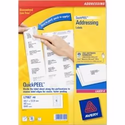 Avery L7162-40, Blanc, Laser, 99,1 x 33,9, 640 pièce(s), 40 feuilles