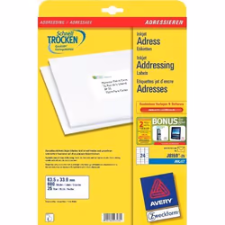 Avery J8159-25, Blanc, Jet d'encre, 63.5 x 33.9mm, A4, 600 pièce(s), 25 feuilles