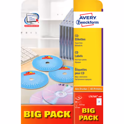 Avery CD/DVD Labels, Blanc, A4, Papier, Laser/a jet d'encre, Permanent, FSC Mix Credit